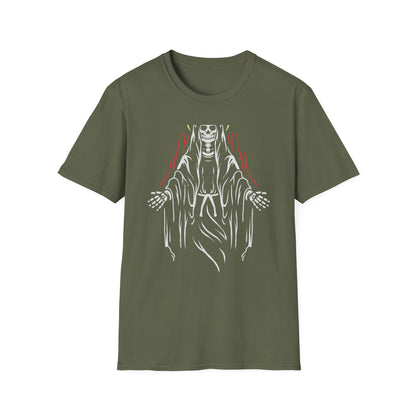 Powerful Skeletal Saint T-Shirt | Mystical Grim Reaper with Halo | Dark Goth Art Tee for Alternative Souls