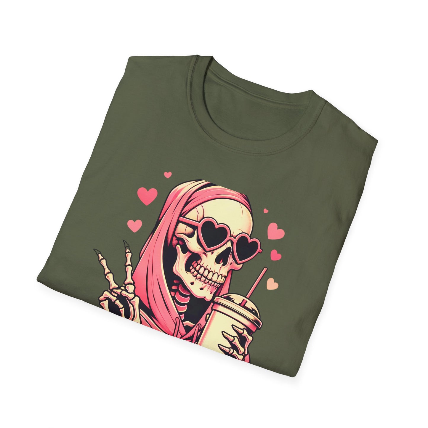 Trendy Pink Skeleton T-Shirt: Chill Vibes, Heart Sunglasses & Peace Sign Tee – Spooky Cute Aesthetic for Women & Teens