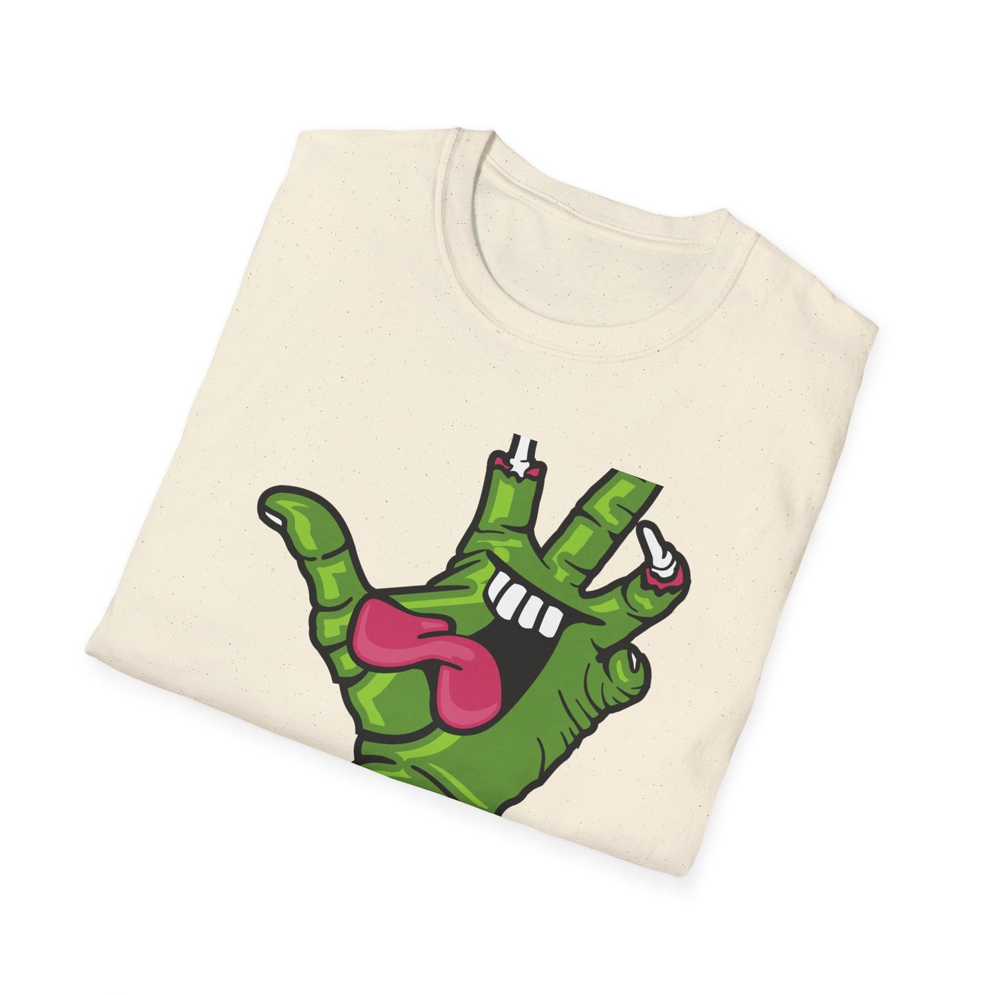 Groovy Zombie Hand T-Shirt with Smiling Monster Face | Spooky Halloween Rock On Tee | Creepy Fun Apparel