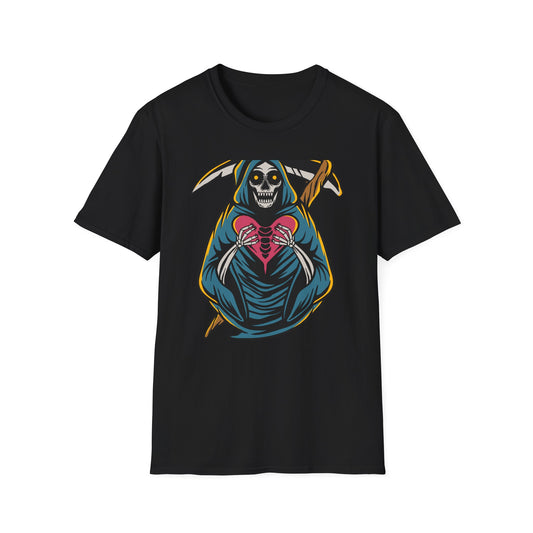 Bold Grim Reaper Heart T-Shirt | Unique Gothic Skeleton Love Tee | Edgy Macabre Statement Apparel