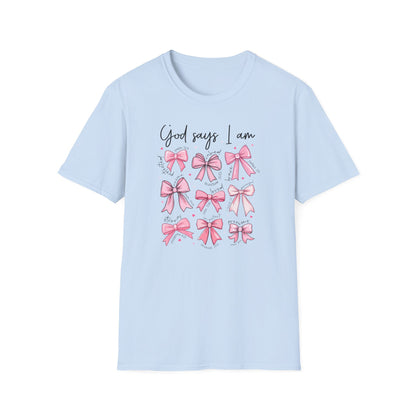 Empowering God Says I Am T-Shirt | Christian Affirmation Pink Bow Tee | Inspiring Bible Verse Faith Apparel for Women & Girls