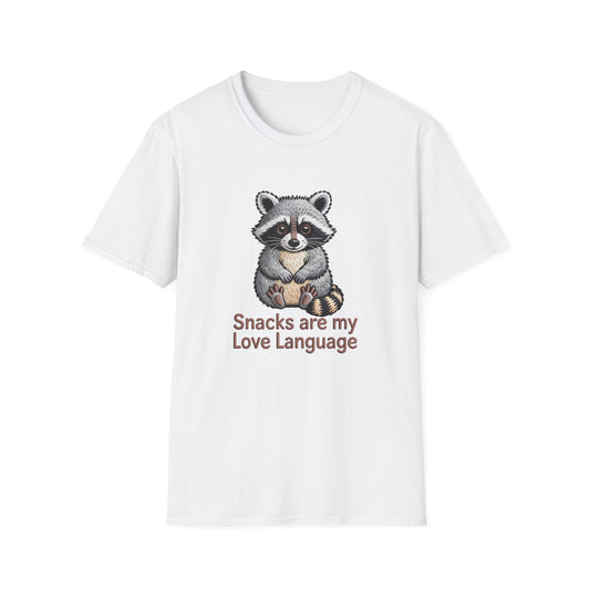 Adorable Raccoon 'Snacks are my Love Language' T-Shirt - Hilarious Foodie & Cozy Comfort Tee