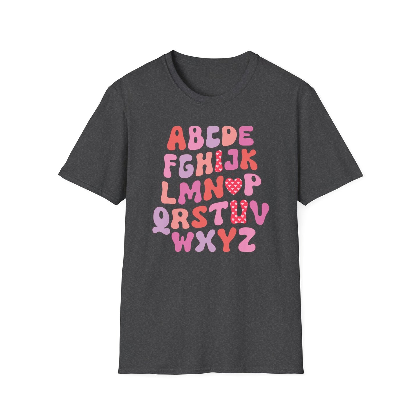 Vibrant Groovy Alphabet T-Shirt | Cute Heart Letter Retro Aesthetic Tee | Fun Teacher & Valentine's Day Gift
