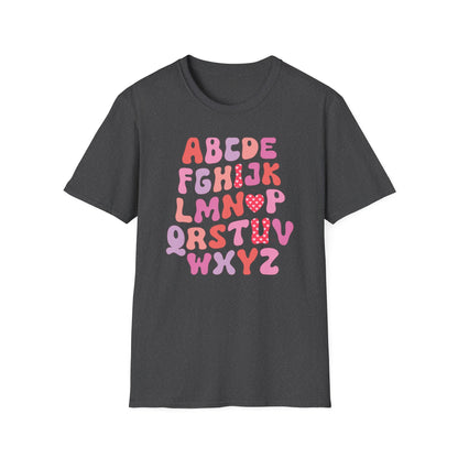 Vibrant Groovy Alphabet T-Shirt | Cute Heart Letter Retro Aesthetic Tee | Fun Teacher & Valentine's Day Gift