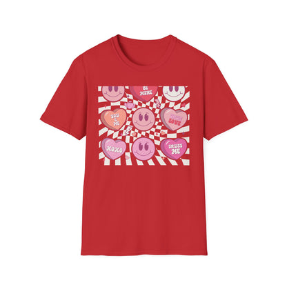 Groovy Retro Valentine's T-Shirt | Adorable Conversation Heart & Smiley Face Design | Trendy Love Core Aesthetic Tee