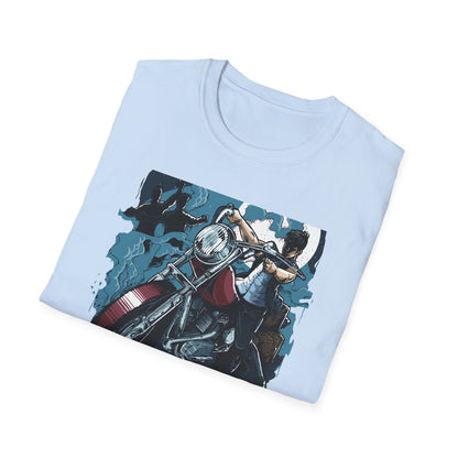 Epic Zombie Apocalypse Hunter T-Shirt - Fearless Biker Survival Horror Tee for Gamers & Fans - Thrilling Crossbow Rider Design