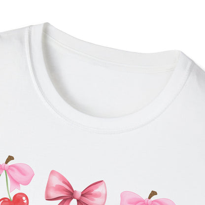 Delightful Pink Bow & Heart Cherry T-Shirt - Adorable Lovecore Aesthetic Tee for Her | Sweet Valentine's Gift