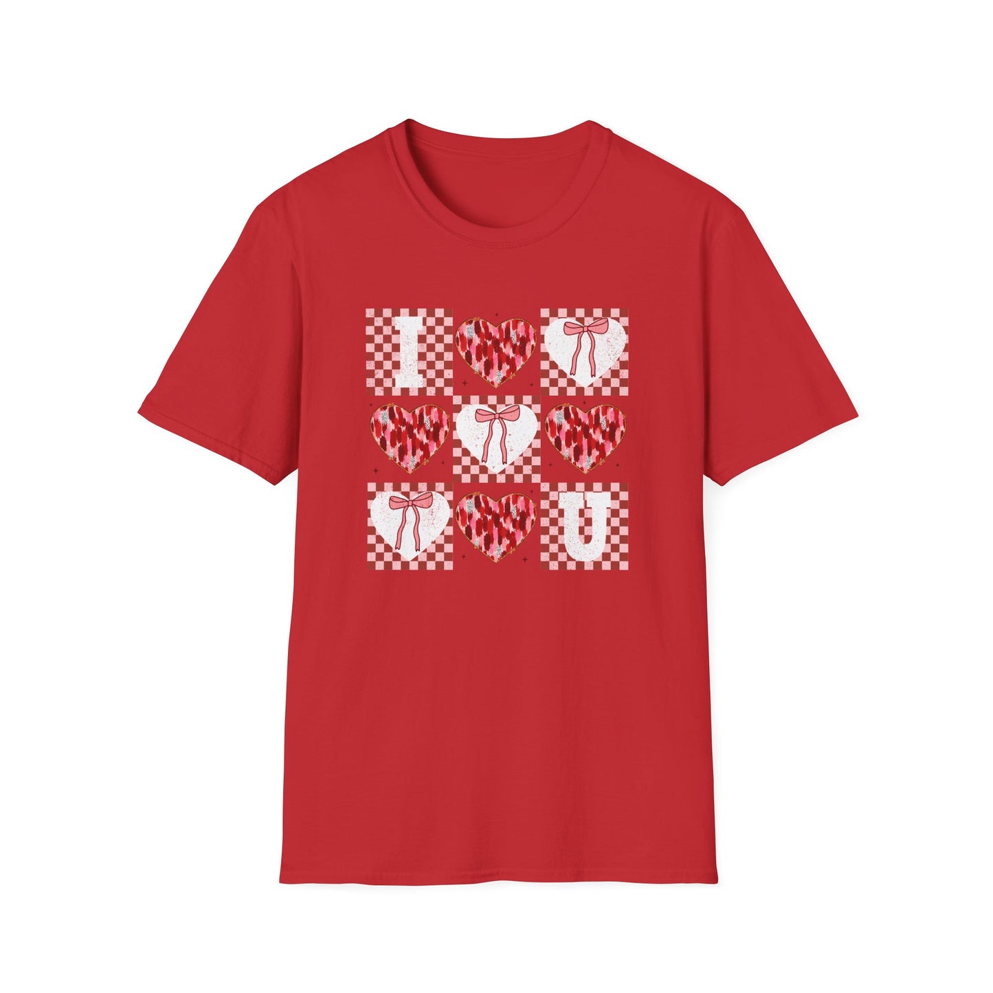 Chic "I Love You" Heart & Bow T-Shirt - Unique Distressed Checkered Design for Valentine's Day & Romantic Gifts for Her