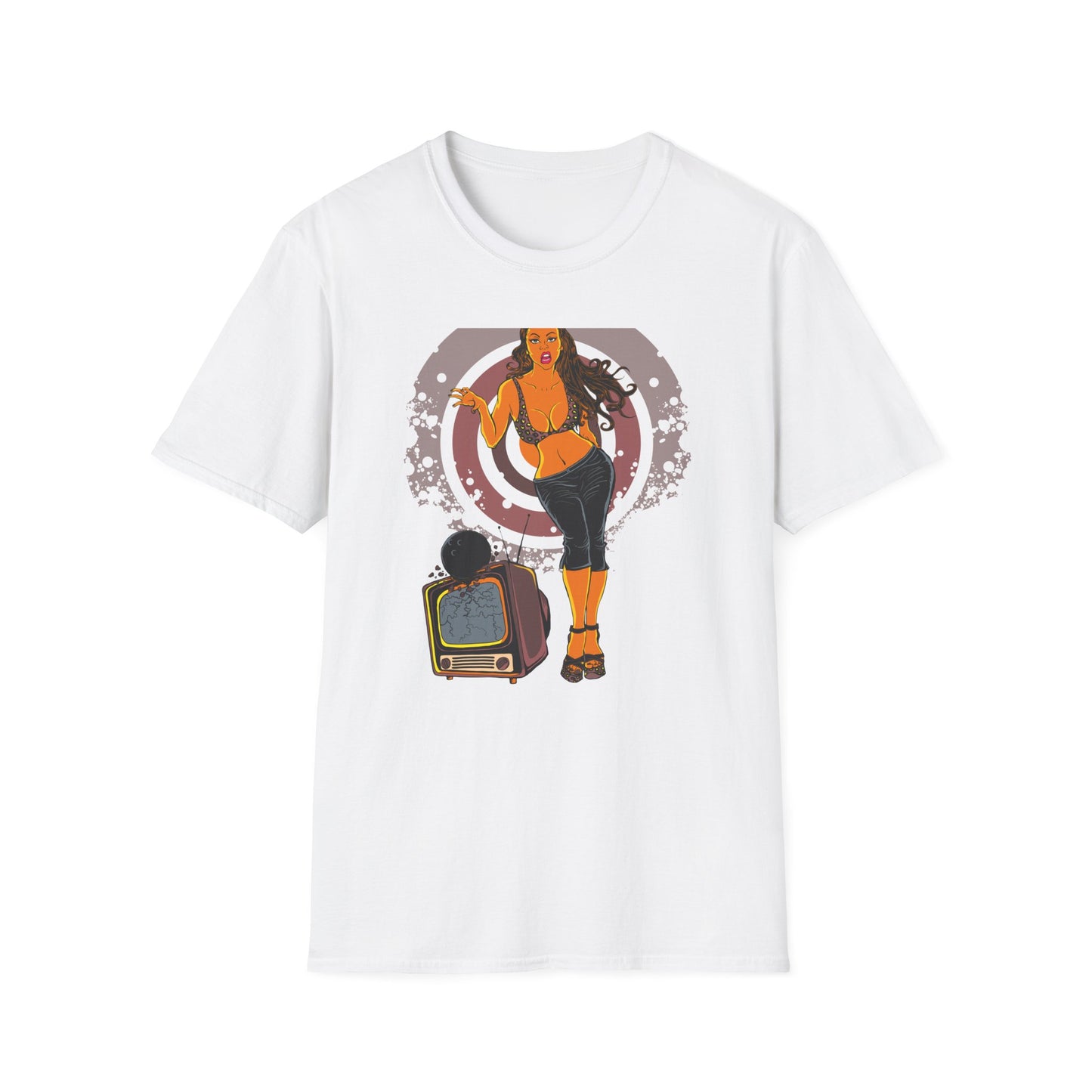 Edgy Retro Pin-Up Girl & Cracked TV Bowling T-Shirt | Bold Pop Art Vibe Women's Tee | Unique Vintage Statement Gift