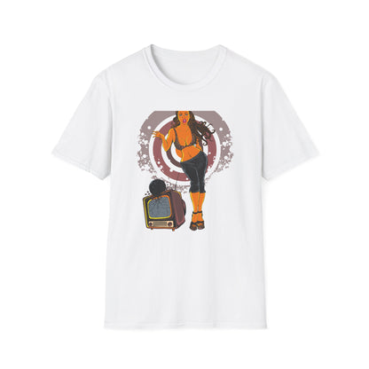 Edgy Retro Pin-Up Girl & Cracked TV Bowling T-Shirt | Bold Pop Art Vibe Women's Tee | Unique Vintage Statement Gift