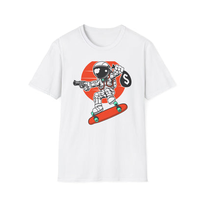 Epic Astronaut Skater T-Shirt: Cosmic Rebel with Cash & Gun | Unique Streetwear Space Outlaw Graphic Tee