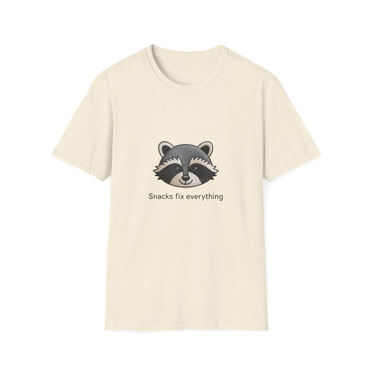 Adorable Embroidered-Style Raccoon T-Shirt - Hilarious "Snacks Fix Everything" Tee for Animal & Food Lovers!