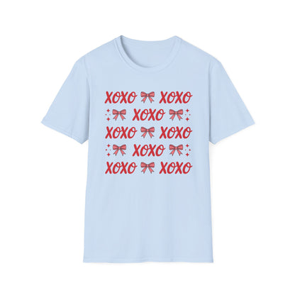 Adorable XOXO Bows & Sparkles T-Shirt | Sweet Hugs & Kisses Valentine's Day Tee for Women | Charming Romantic Gift