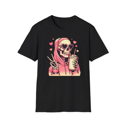 Trendy Pink Skeleton T-Shirt: Chill Vibes, Heart Sunglasses & Peace Sign Tee – Spooky Cute Aesthetic for Women & Teens