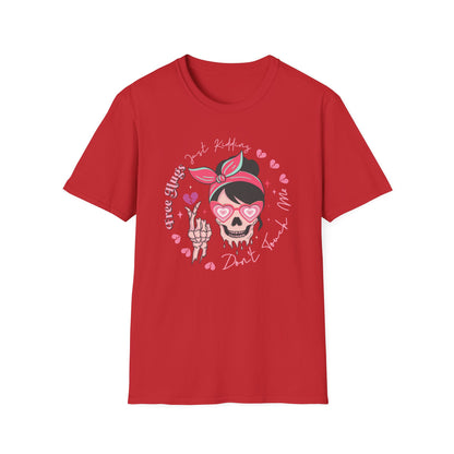Sassy Skull 'Free Hugs Just Kidding' T-Shirt | Edgy Pink Heart Sunglasses & Broken Hearts Tee | Funny Personal Space Gift for Her