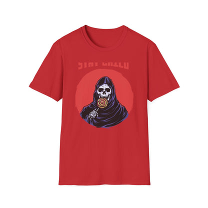 Stay Child Grim Reaper Lollipop T-Shirt - Edgy Skeleton & Candy Tee for Dark Humor Fans | Awesome Unique Graphic Apparel