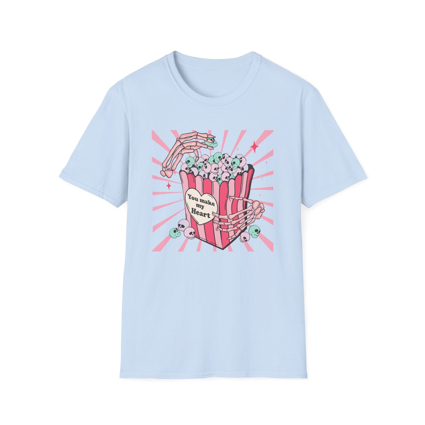 Spooky Sweet Skeleton 'You Make My Heart' T-Shirt | Pastel Goth Skull Popcorn Tee | Edgy Valentine's Day Gift for Unique Love