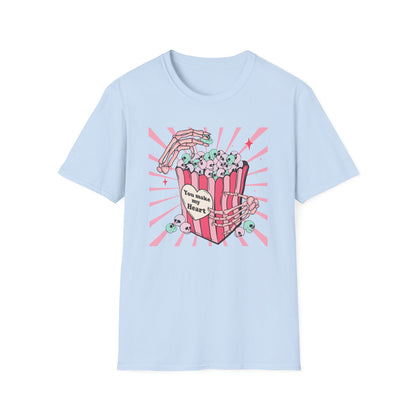 Spooky Sweet Skeleton 'You Make My Heart' T-Shirt | Pastel Goth Skull Popcorn Tee | Edgy Valentine's Day Gift for Unique Love