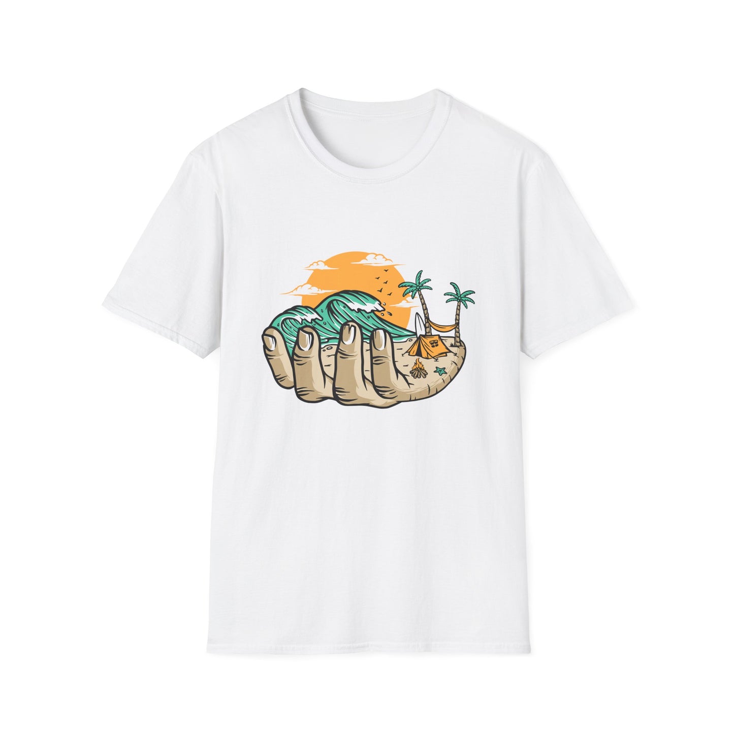 Epic Beach Life Hand T-Shirt | Surf, Camp & Travel Adventure Tee | Vibrant Tropical Sunset Vacation Top