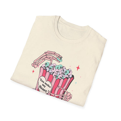 Spooky-Cute 'You Make My Heart' Skull Popcorn T-Shirt - Pastel Goth Love Tee Gift