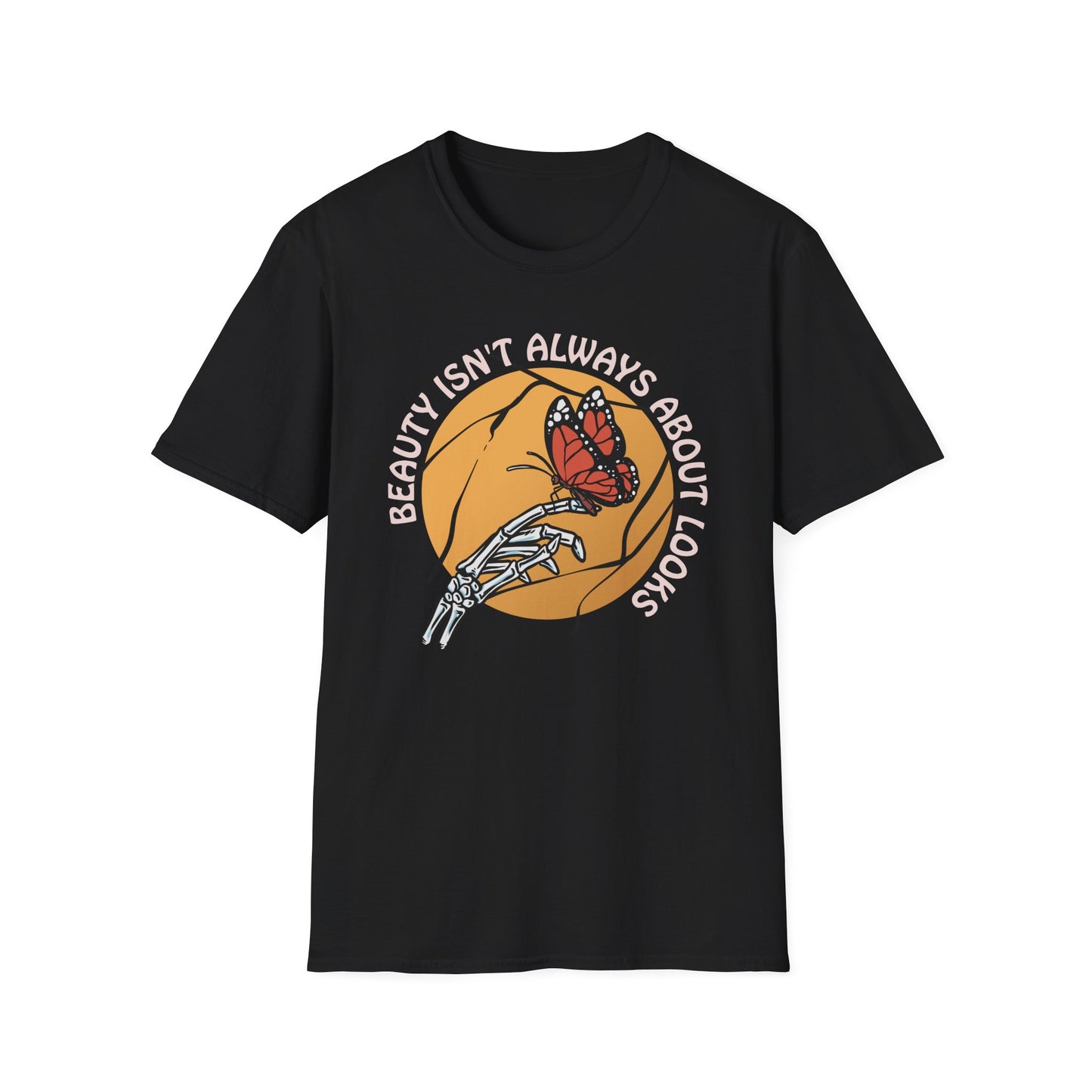 Expressive Skeleton Hand & Monarch Butterfly T-Shirt | 'Beauty Isn't About Looks' Deep Meaning Art Tee