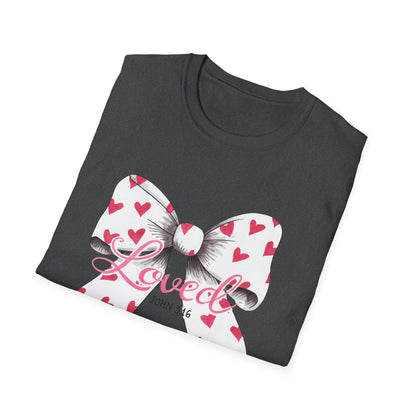 Inspiring 'Loved' John 3:16 T-Shirt | Christian Faith Tee with Hearts Bow | Beautiful Spiritual Gift for Women