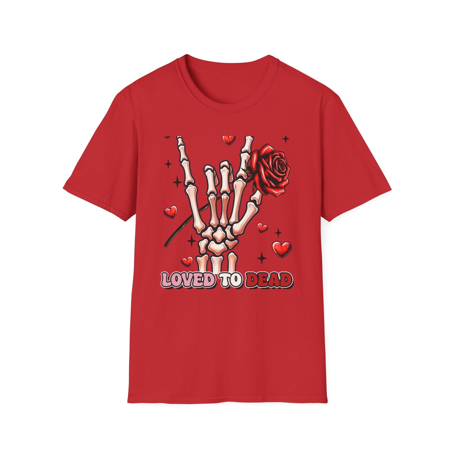 Unleash Your Dark Romance: 'Loved to Dead' Skeleton Rock Hand Rose T-Shirt | Edgy Gothic Valentine's Gift