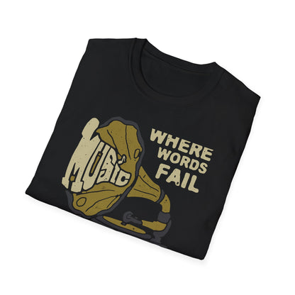 Expressive 'Where Words Fail Music Speaks' T-Shirt - Vintage Gramophone Design for Soulful Music Lovers