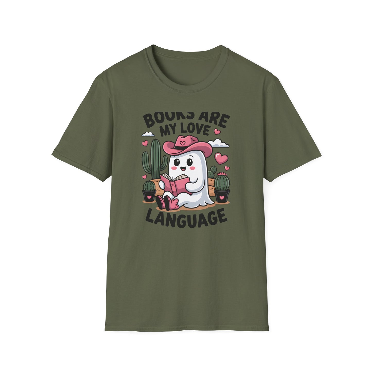 Adorable Reading Ghost T-Shirt | “Books Are My Love Language” Pink Cowboy Ghost Tee | Unique Book Lover Gift