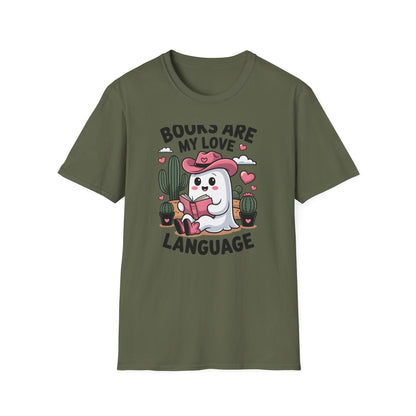 Adorable Reading Ghost T-Shirt | “Books Are My Love Language” Pink Cowboy Ghost Tee | Unique Book Lover Gift