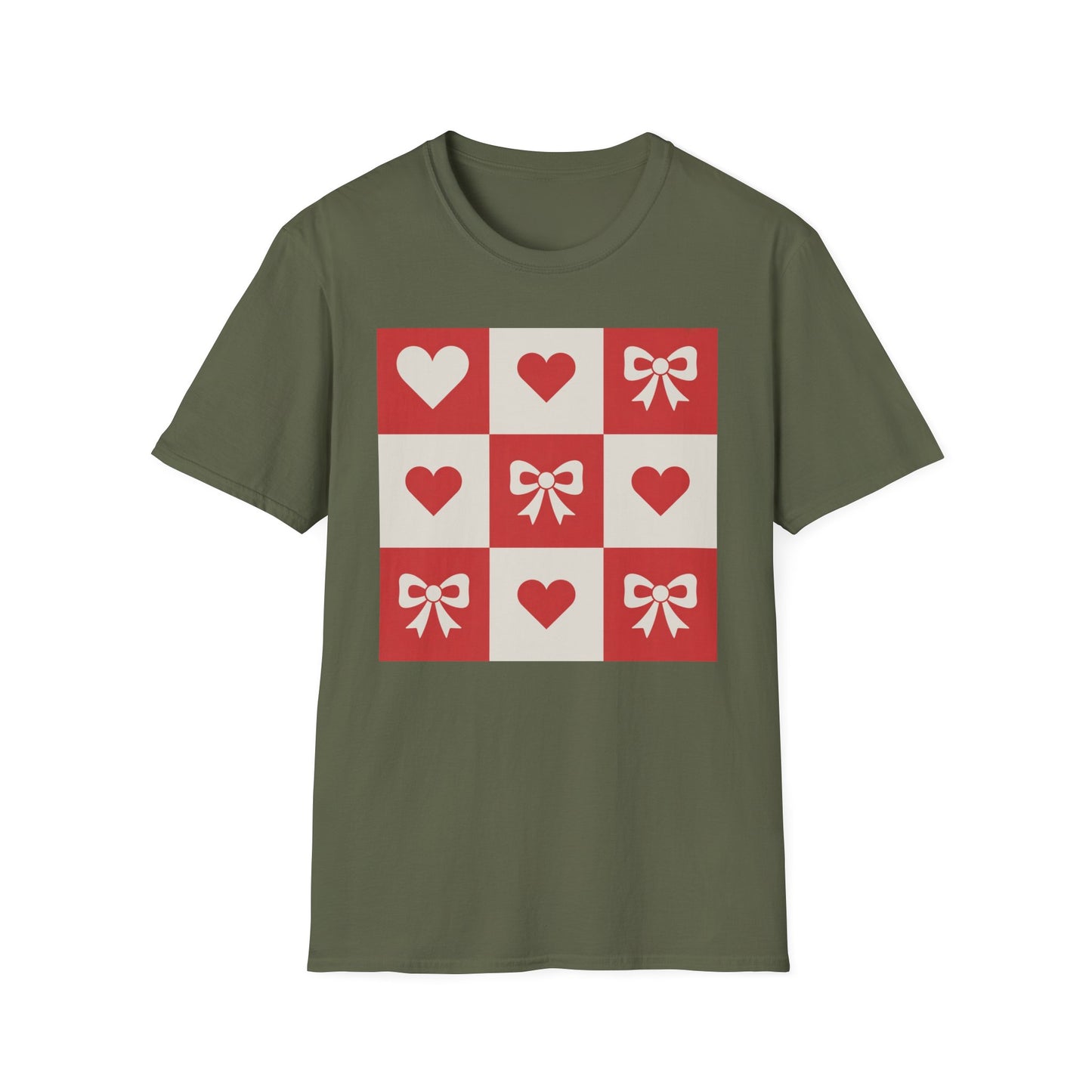 Charming Hearts & Bows Checkerboard T-Shirt | Sweet Love Pattern Tee | Perfect Valentine's Day Gift for Her