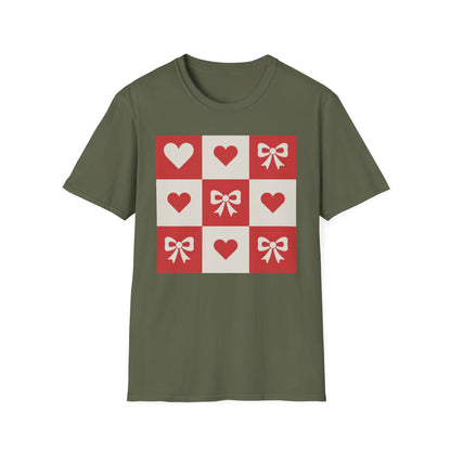 Charming Hearts & Bows Checkerboard T-Shirt | Sweet Love Pattern Tee | Perfect Valentine's Day Gift for Her