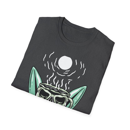 Skull Coffee Surfboard T-Shirt | Edgy Summer Beach Vibes Tee | Unique Design for Coffee Lovers & Surfers