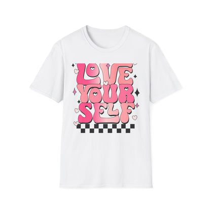Groovy "Love Yourself" T-Shirt | Pink Retro Self-Love Tee with Hearts & Sparkles | Empowering & Chic Women's Affirmation Top
