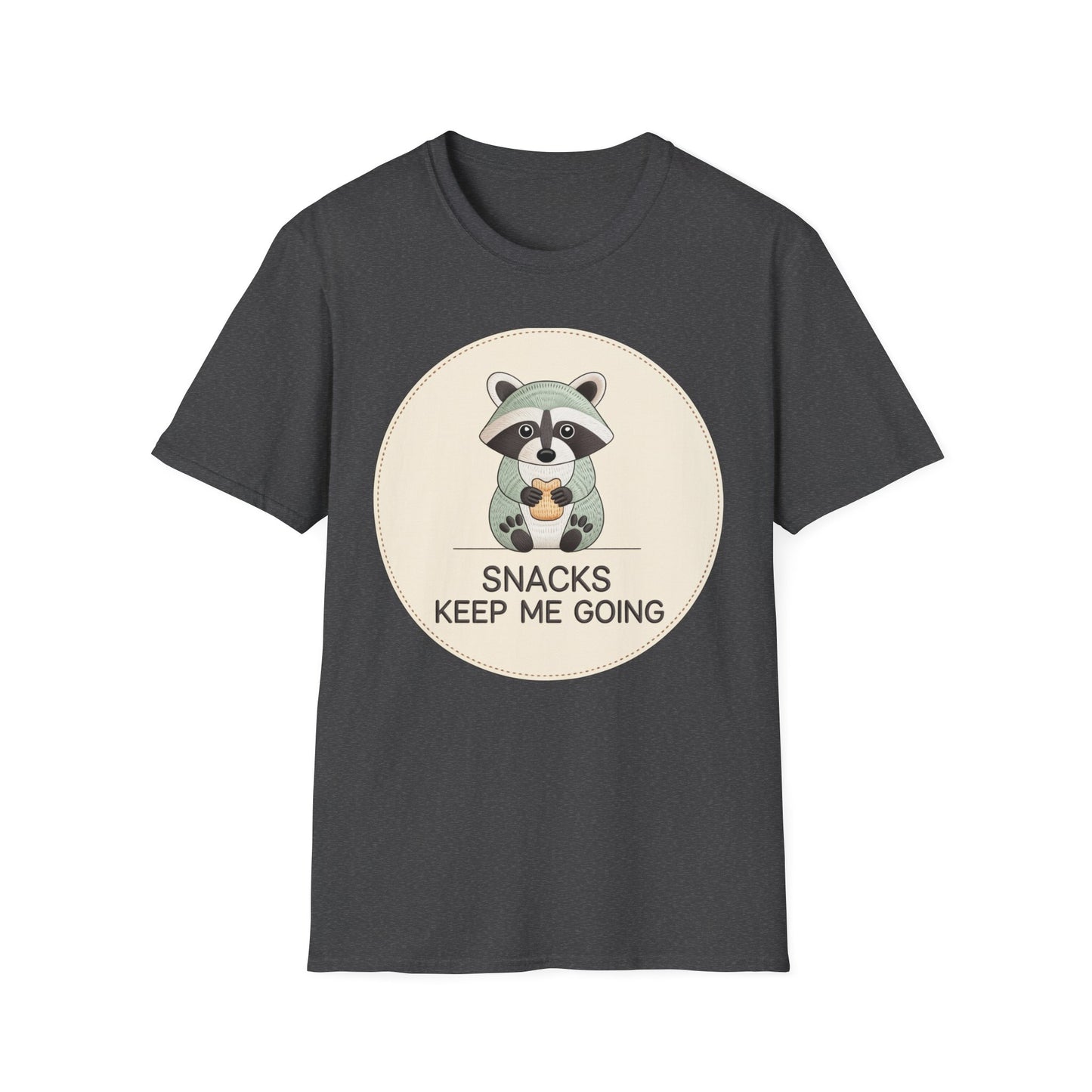 Snacks Keep Me Going Raccoon T-Shirt - Cute Funny Foodie Animal Tee for Snack Lovers & Lazy Day Comfort | Must-Have Gift