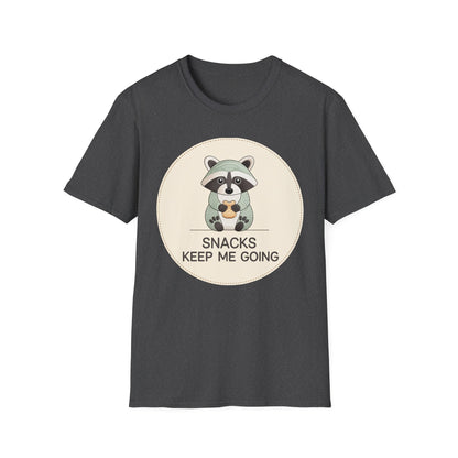 Snacks Keep Me Going Raccoon T-Shirt - Cute Funny Foodie Animal Tee for Snack Lovers & Lazy Day Comfort | Must-Have Gift