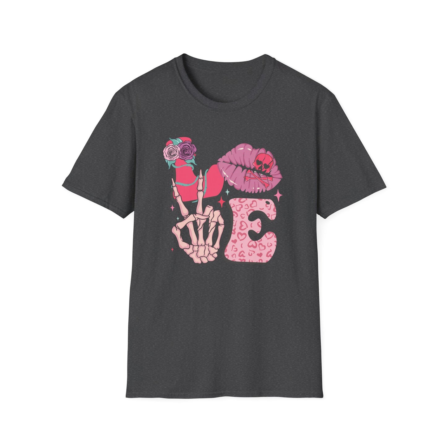 Edgy Pink Grunge T-Shirt: Skull Kiss, Peace Skeleton Hand, Roses & Heart Initial 'E' Design. Trendy Alt Fashion Tee.