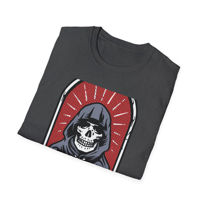 Bold Pop Art Skeleton T-Shirt: Hooded Grim Reaper with Rosary - Unique Gothic Alt Style Tee