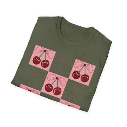 Charming Coquette Cherry Bow T-Shirt | Sweet Pink Aesthetic & Trendy Fruit Pattern Tee for Women