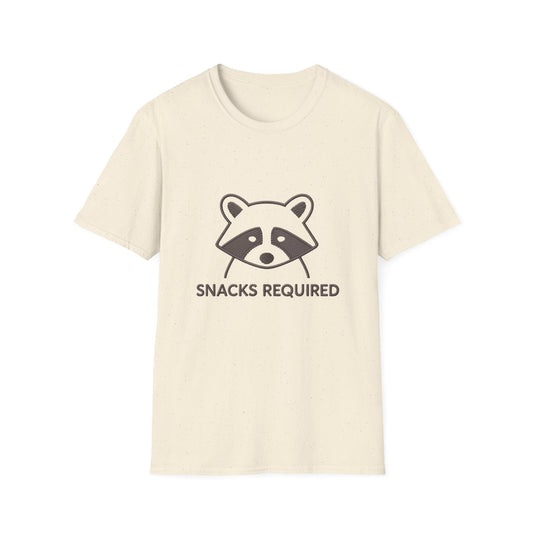 Hilarious Raccoon 'Snacks Required' T-Shirt – Adorable Animal Lover Funny Graphic Tee for Foodies & Casual Wear