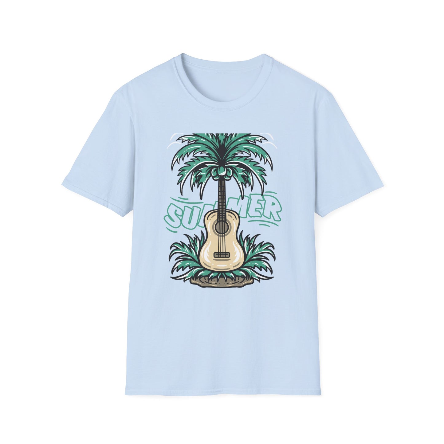 Vibrant Summer Guitar T-Shirt: Cool Palm Tree & Acoustic Beach Tee | Essential Music Lover Vacation Shirt