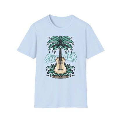 Vibrant Summer Guitar T-Shirt: Cool Palm Tree & Acoustic Beach Tee | Essential Music Lover Vacation Shirt