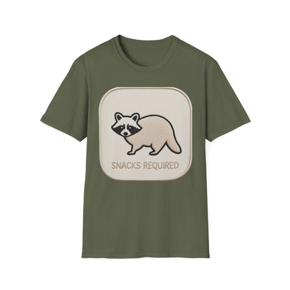 Hilarious Raccoon "Snacks Required" T-Shirt | Cute Embroidered Look Animal Lover & Foodie Gift | Unique Soft Tee