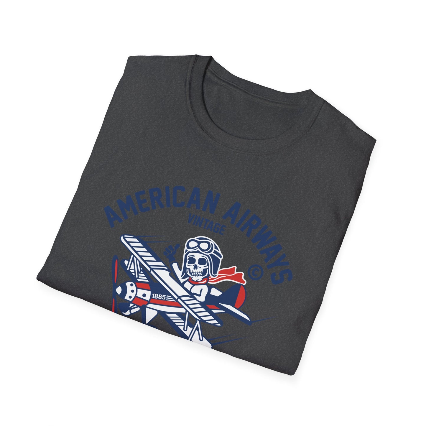 Vintage Skeleton Pilot Biplane T-Shirt - American Airways Fly Away Retro Aviation & Thrilling Thumbs Up Tee