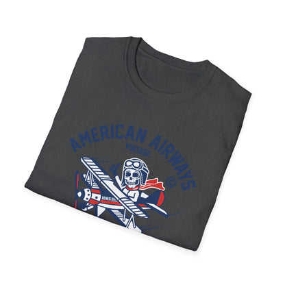 Vintage Skeleton Pilot Biplane T-Shirt - American Airways Fly Away Retro Aviation & Thrilling Thumbs Up Tee