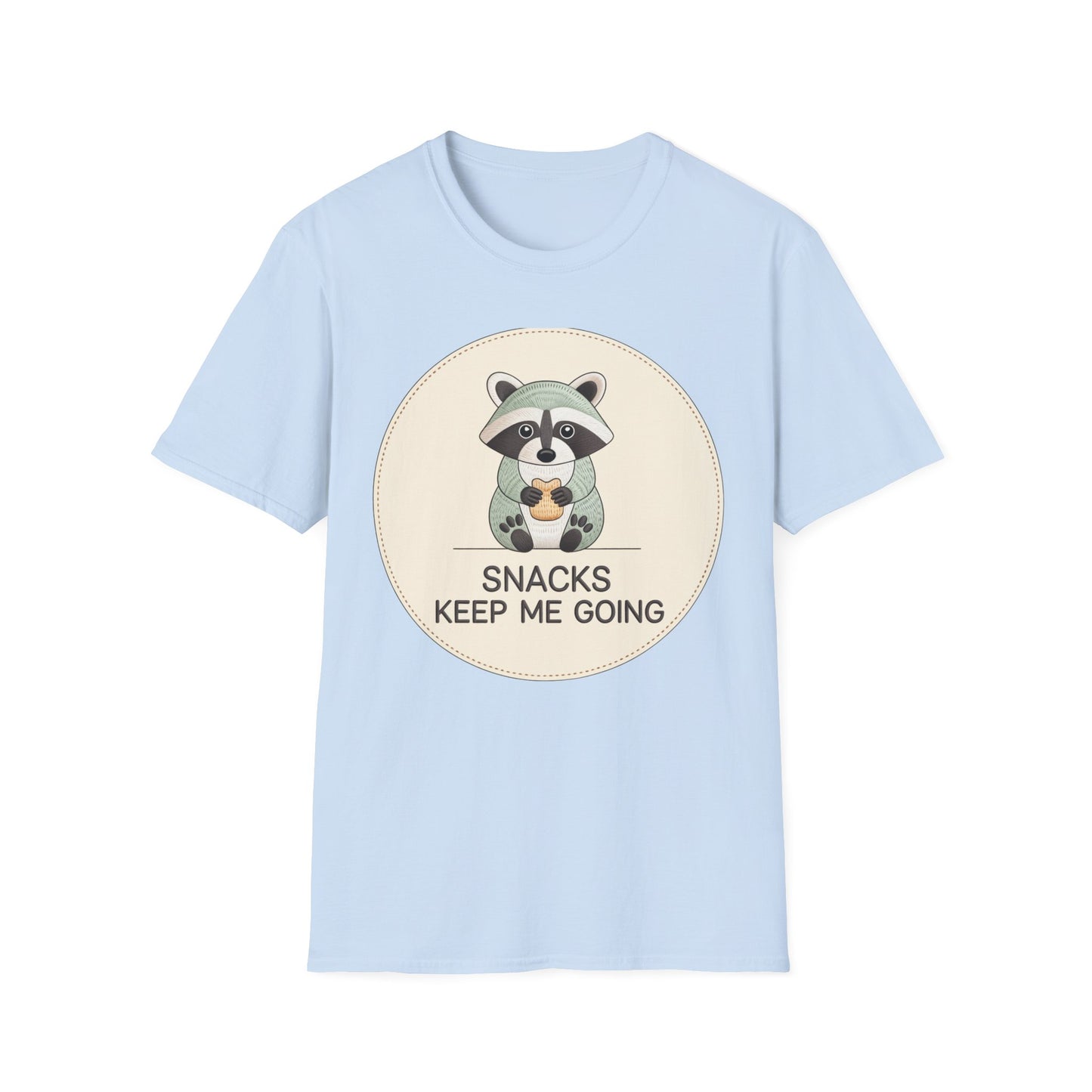 Snacks Keep Me Going Raccoon T-Shirt - Cute Funny Foodie Animal Tee for Snack Lovers & Lazy Day Comfort | Must-Have Gift