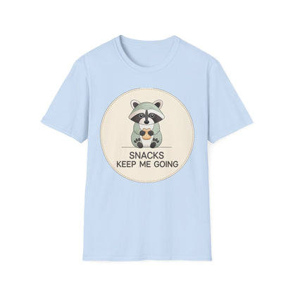 Snacks Keep Me Going Raccoon T-Shirt - Cute Funny Foodie Animal Tee for Snack Lovers & Lazy Day Comfort | Must-Have Gift