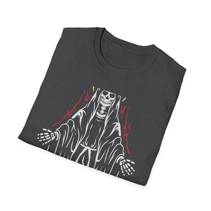 Powerful Skeletal Saint T-Shirt | Mystical Grim Reaper with Halo | Dark Goth Art Tee for Alternative Souls