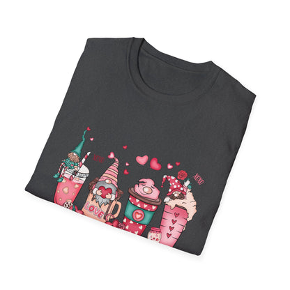 Adorable Coffee is My Valentine Gnomes T-Shirt | Whimsical Hearts & Coffee Lover Tee | Funny Anti-Valentine Gift