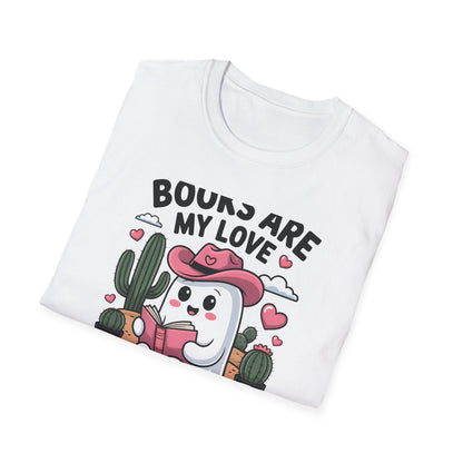 Adorable Reading Ghost T-Shirt | “Books Are My Love Language” Pink Cowboy Ghost Tee | Unique Book Lover Gift